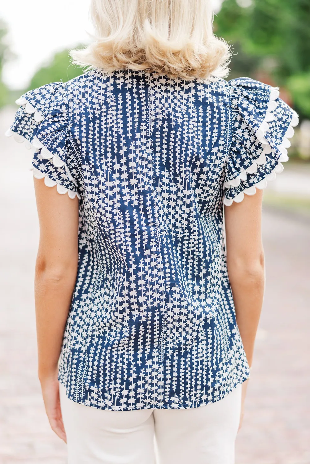 Maren, Sky Blue Abstract Print Ric Rac Trim Flutter Sleeve Notch V Neck Blouse