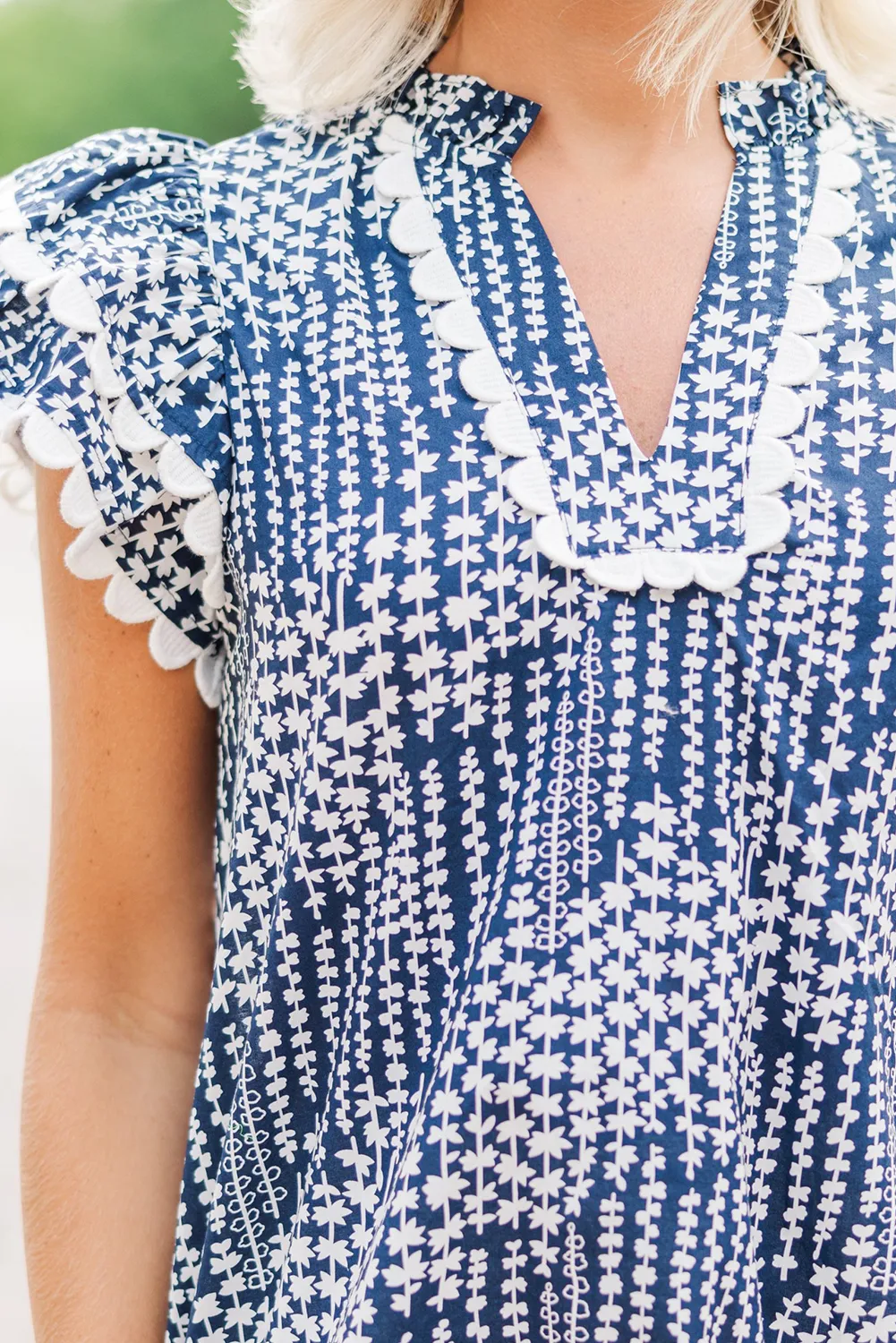 Maren, Sky Blue Abstract Print Ric Rac Trim Flutter Sleeve Notch V Neck Blouse