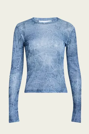 Marl Mesh Long Sleeve Crew Neck Blouse in Denim