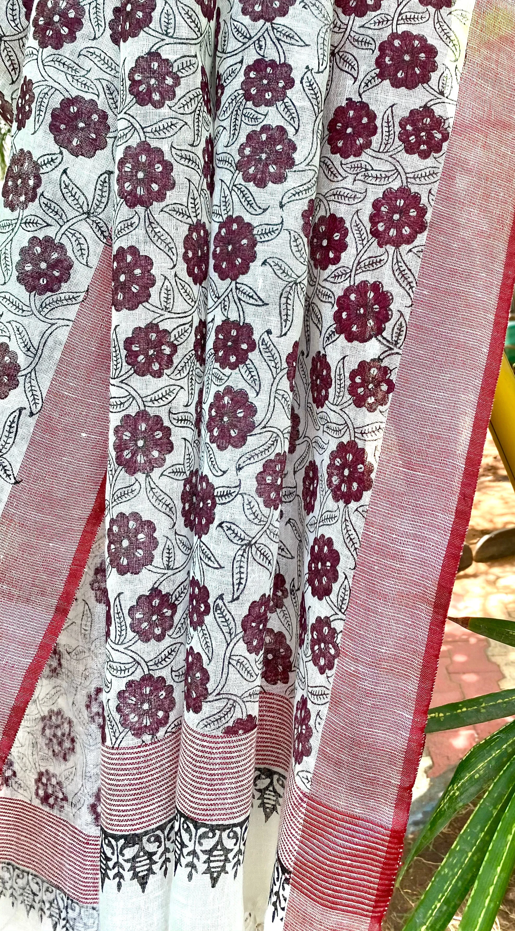 Maroon flowers Pure Linen Dupatta Scarf