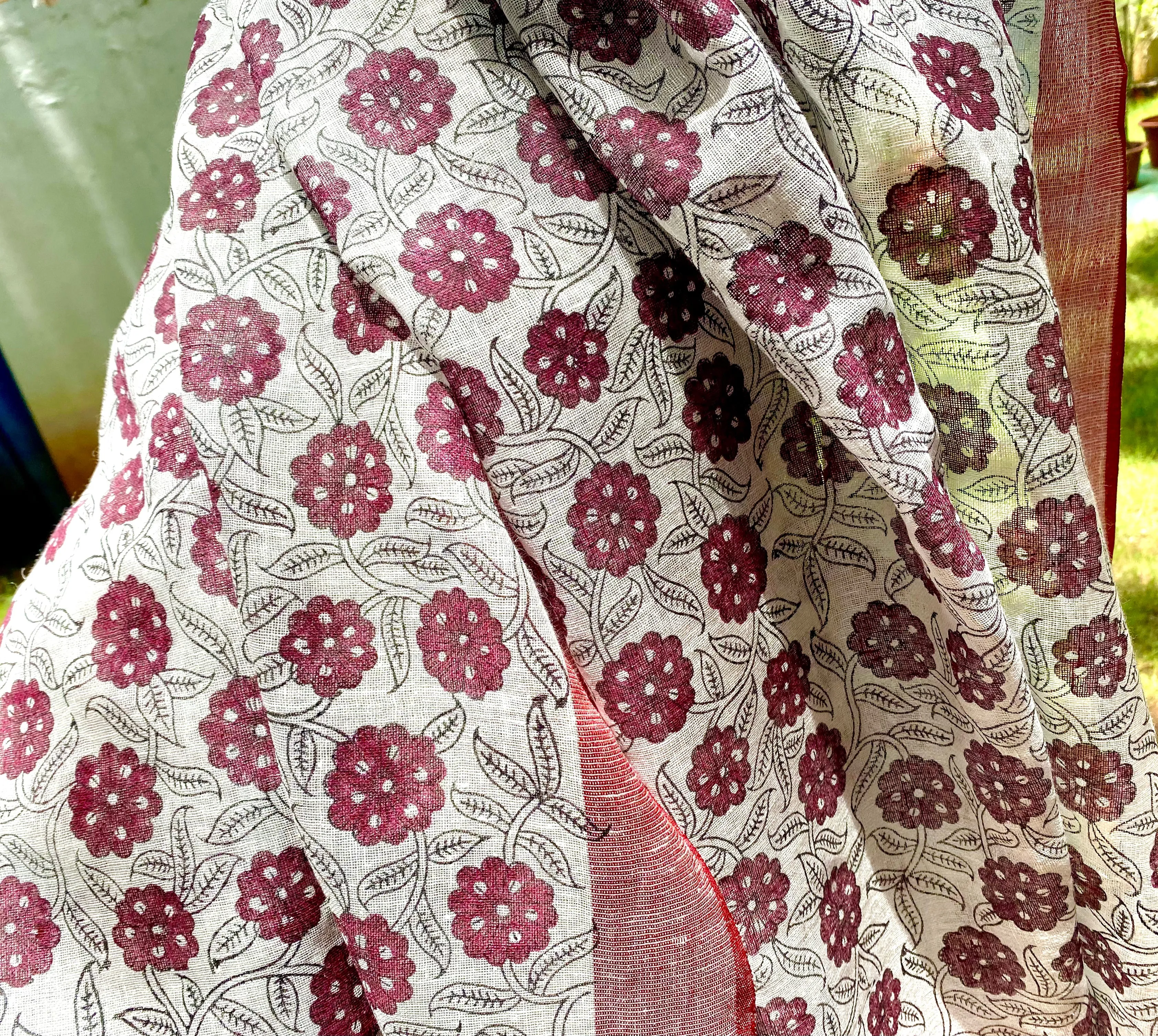 Maroon flowers Pure Linen Dupatta Scarf