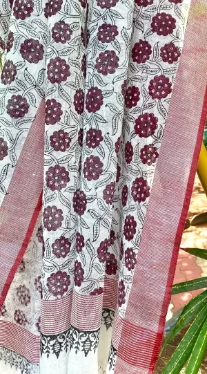 Maroon flowers Pure Linen Dupatta Scarf