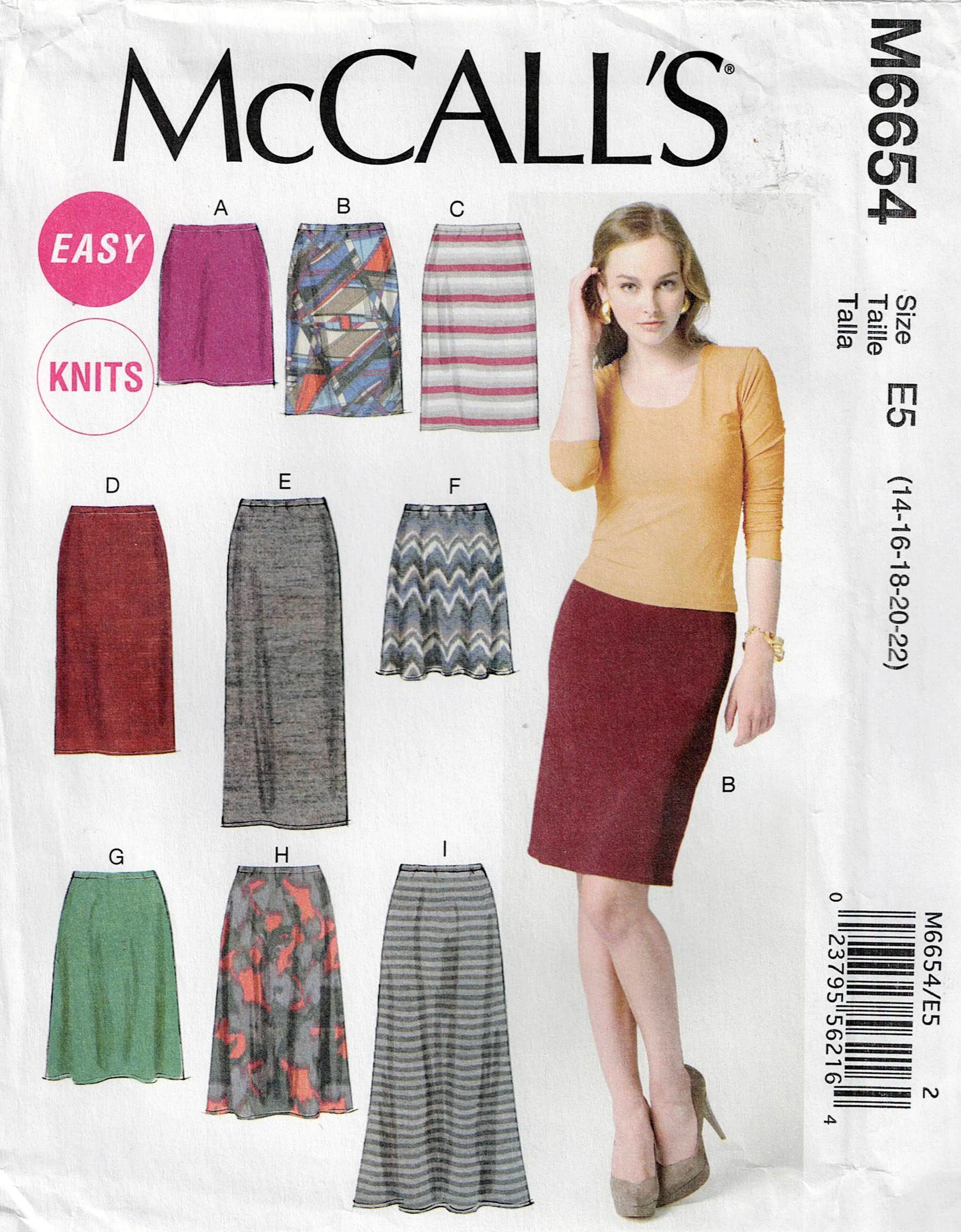 McCall's 6654 EASY Womens Stretch Knit Skirts Out Of Print Sewing Pattern Size 14 - 22 UNCUT Factory Folded