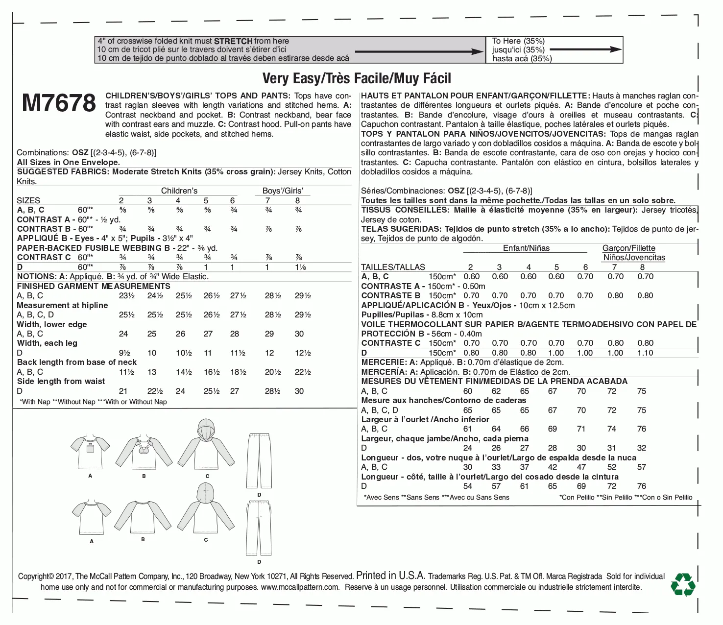 McCall's Pattern M7678 Children's/Boys'/Girls' Animal Themed Tops and Pants