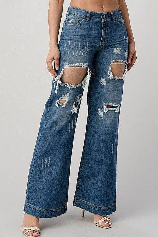 Medium Blue Distressed Wide Leg Boyfriend Jeans