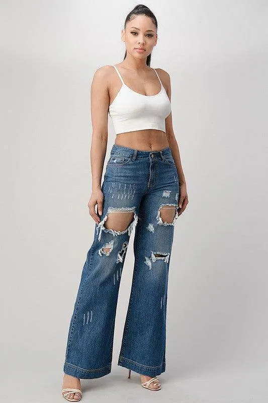 Medium Blue Distressed Wide Leg Boyfriend Jeans