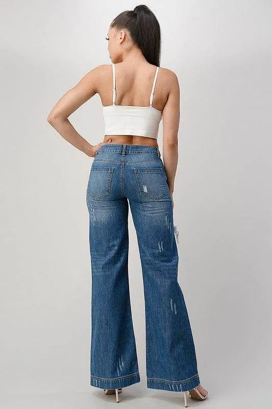 Medium Blue Distressed Wide Leg Boyfriend Jeans