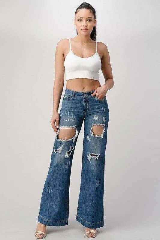 Medium Blue Distressed Wide Leg Boyfriend Jeans
