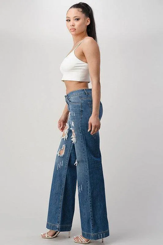 Medium Blue Distressed Wide Leg Boyfriend Jeans