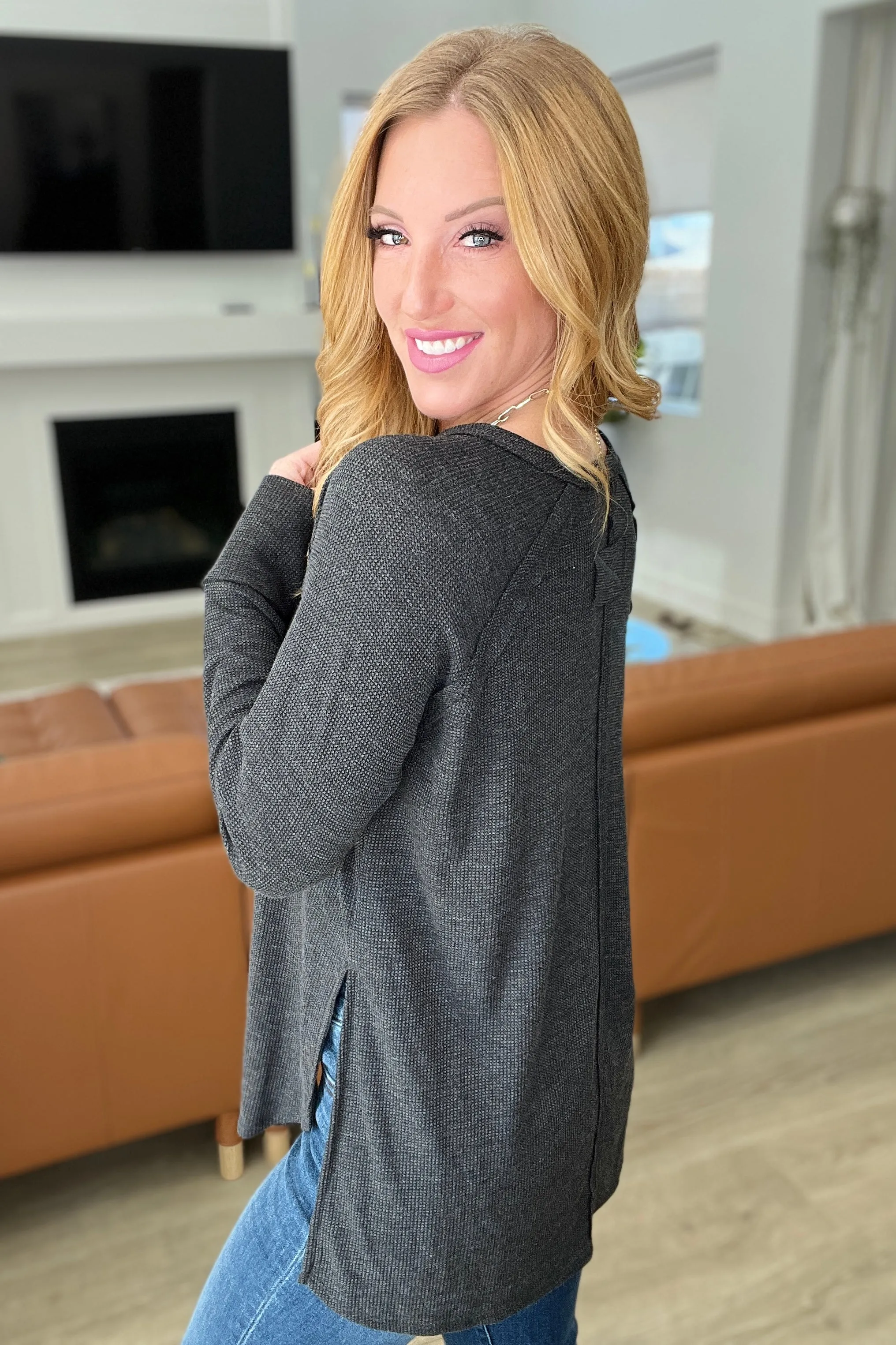 Melange Baby Waffle Long Sleeve Top in Black look