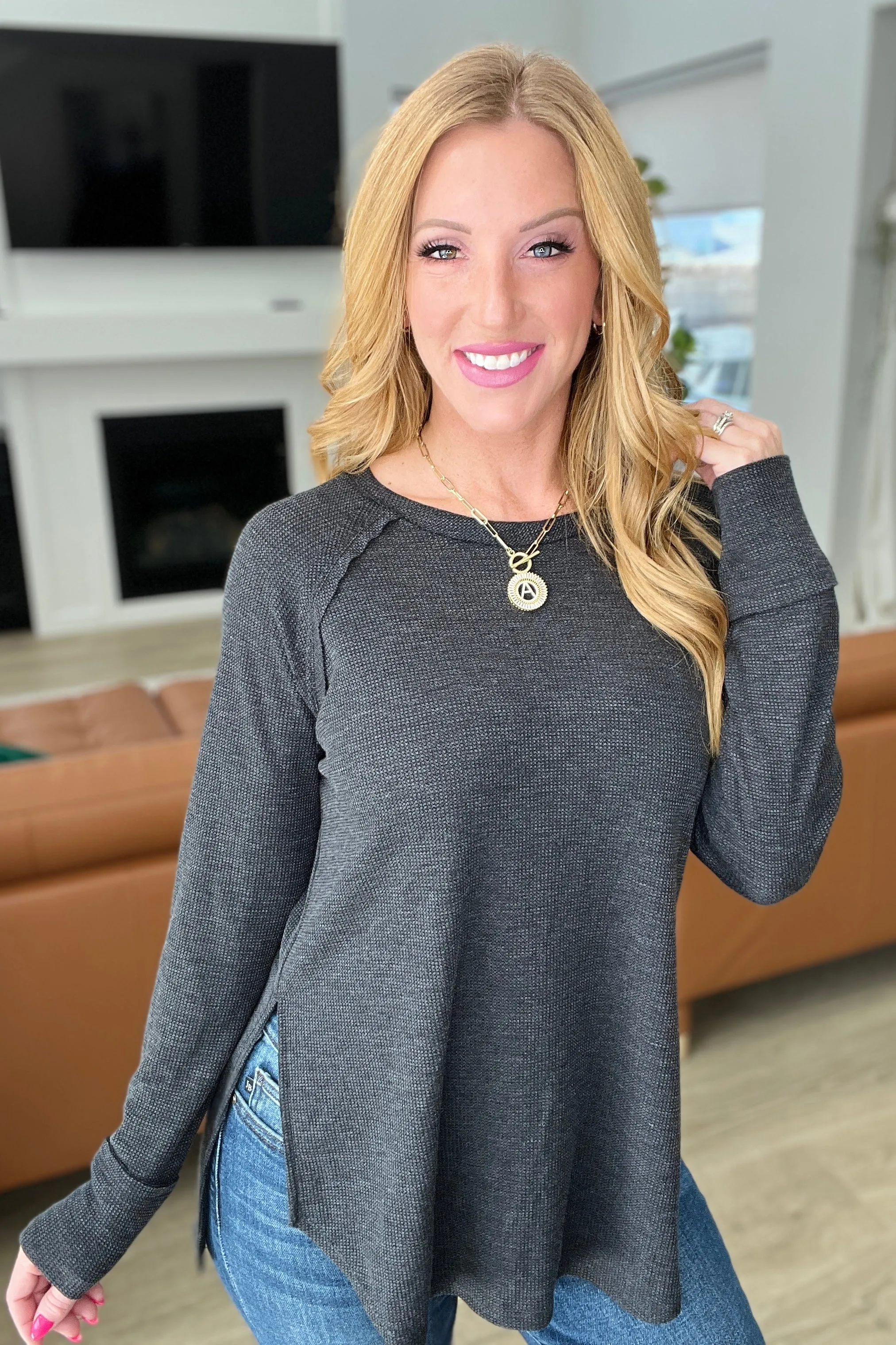 Melange Baby Waffle Long Sleeve Top in Black look
