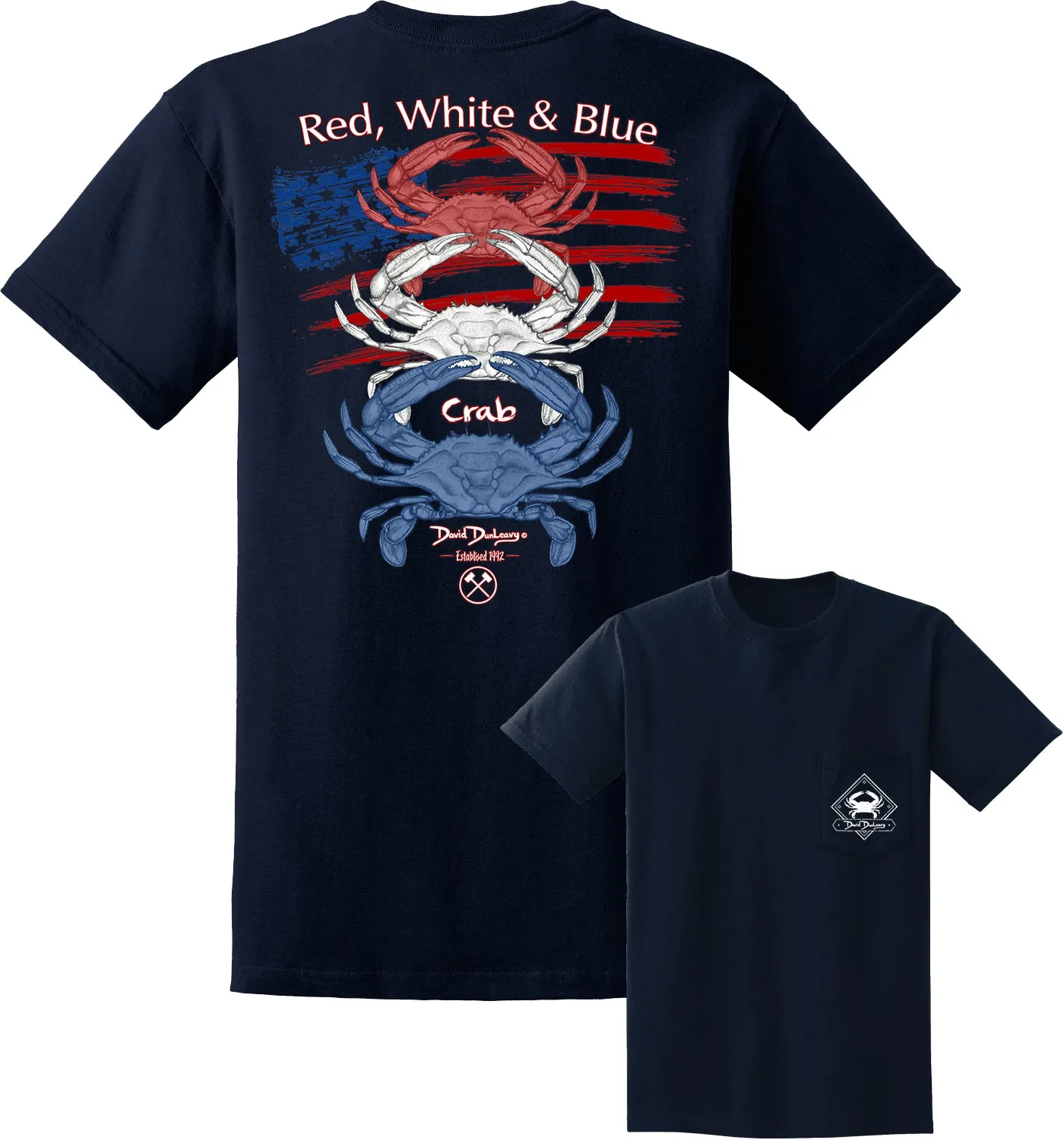 Men's Red, White & Blue Crab Short Sleeve Cotton Navy Pocket T-Shirt