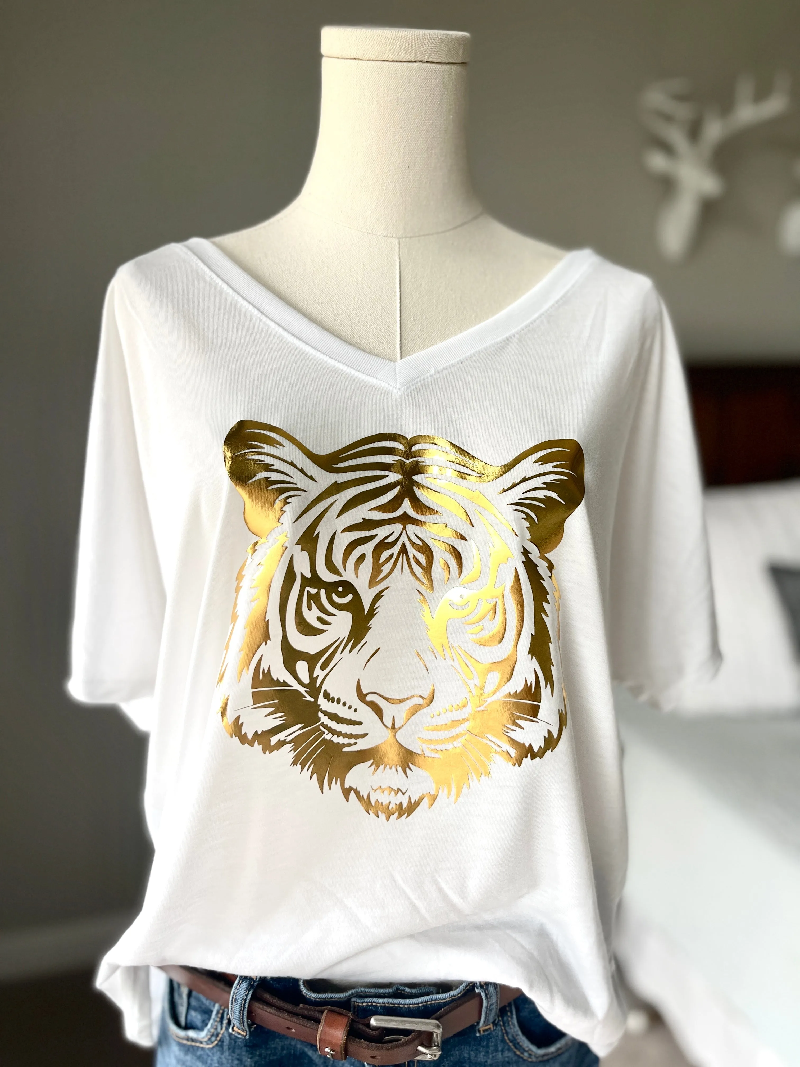 Metallic Tiger Womens Flowy V Neck