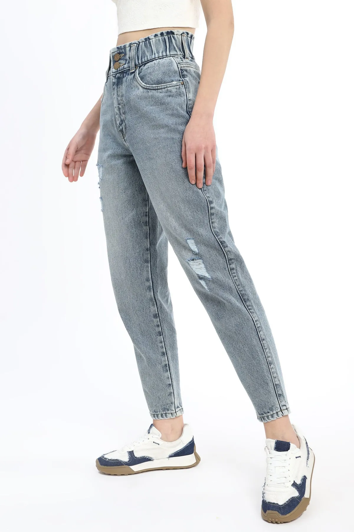 Mid wash Mom fit Jeans with elasticated wasit