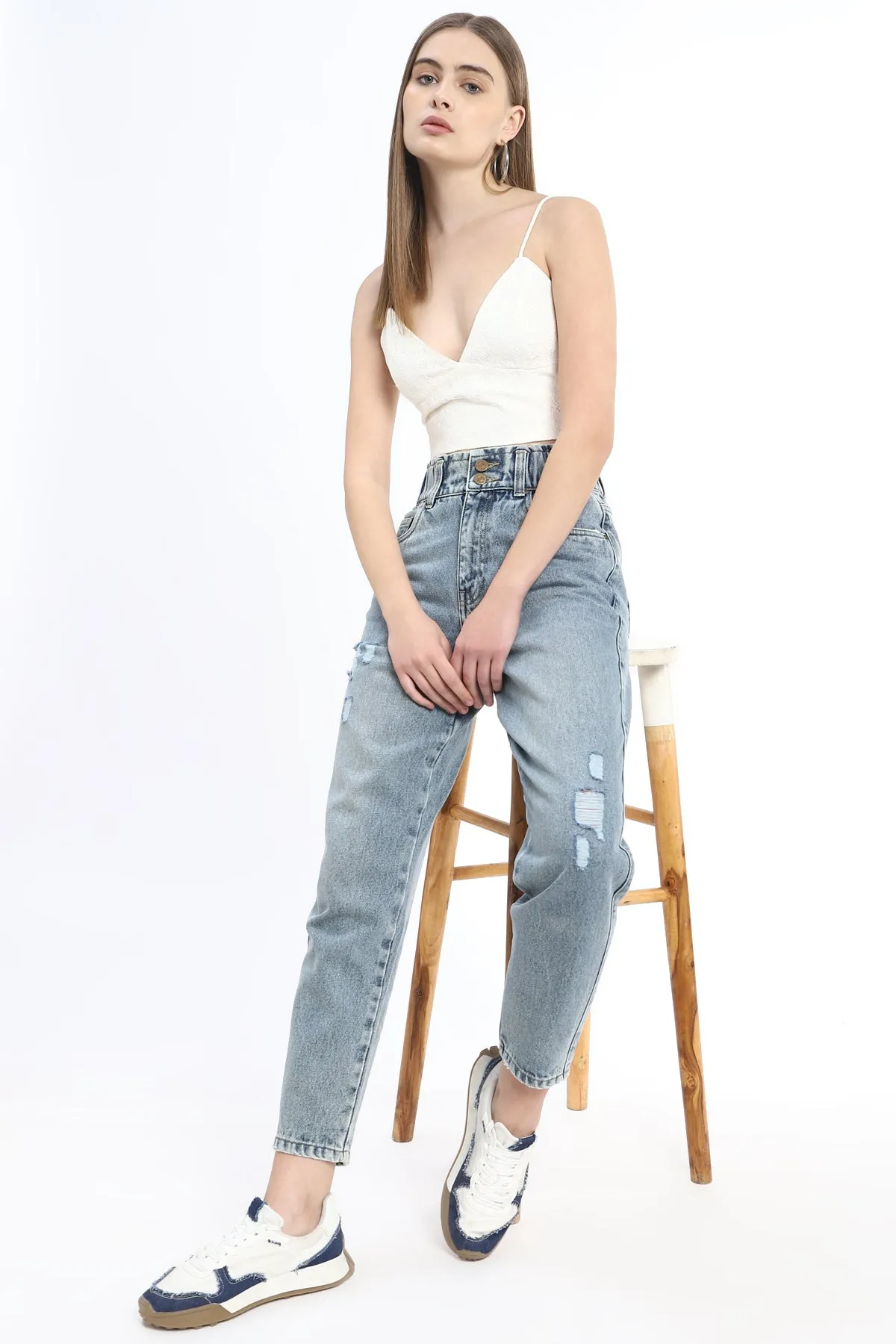 Mid wash Mom fit Jeans with elasticated wasit