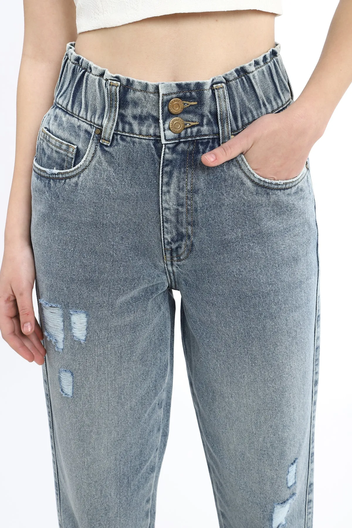 Mid wash Mom fit Jeans with elasticated wasit