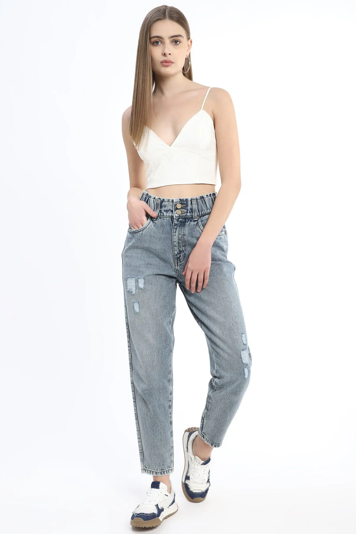 Mid wash Mom fit Jeans with elasticated wasit