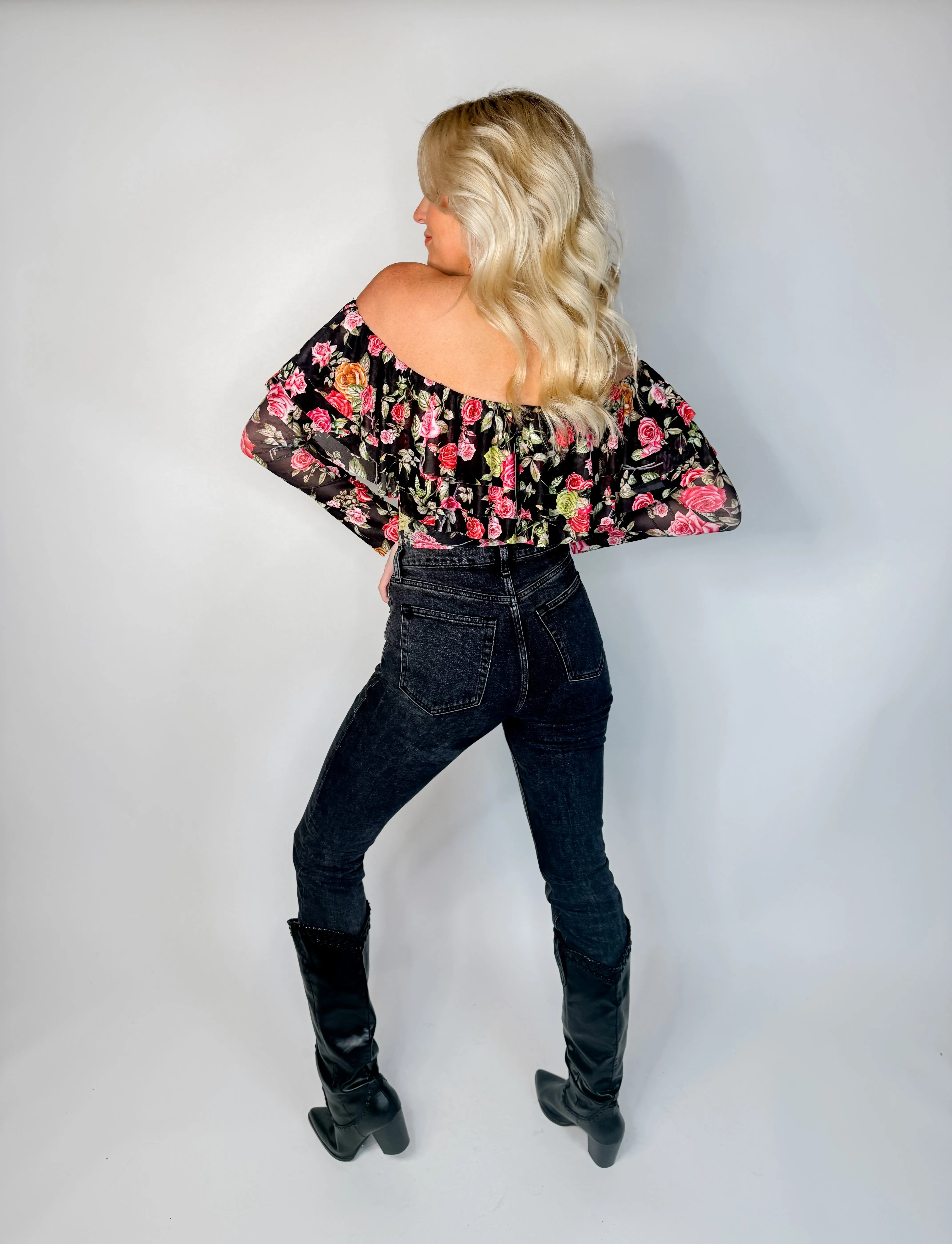 Midnight Rose Ruffle Bodysuit