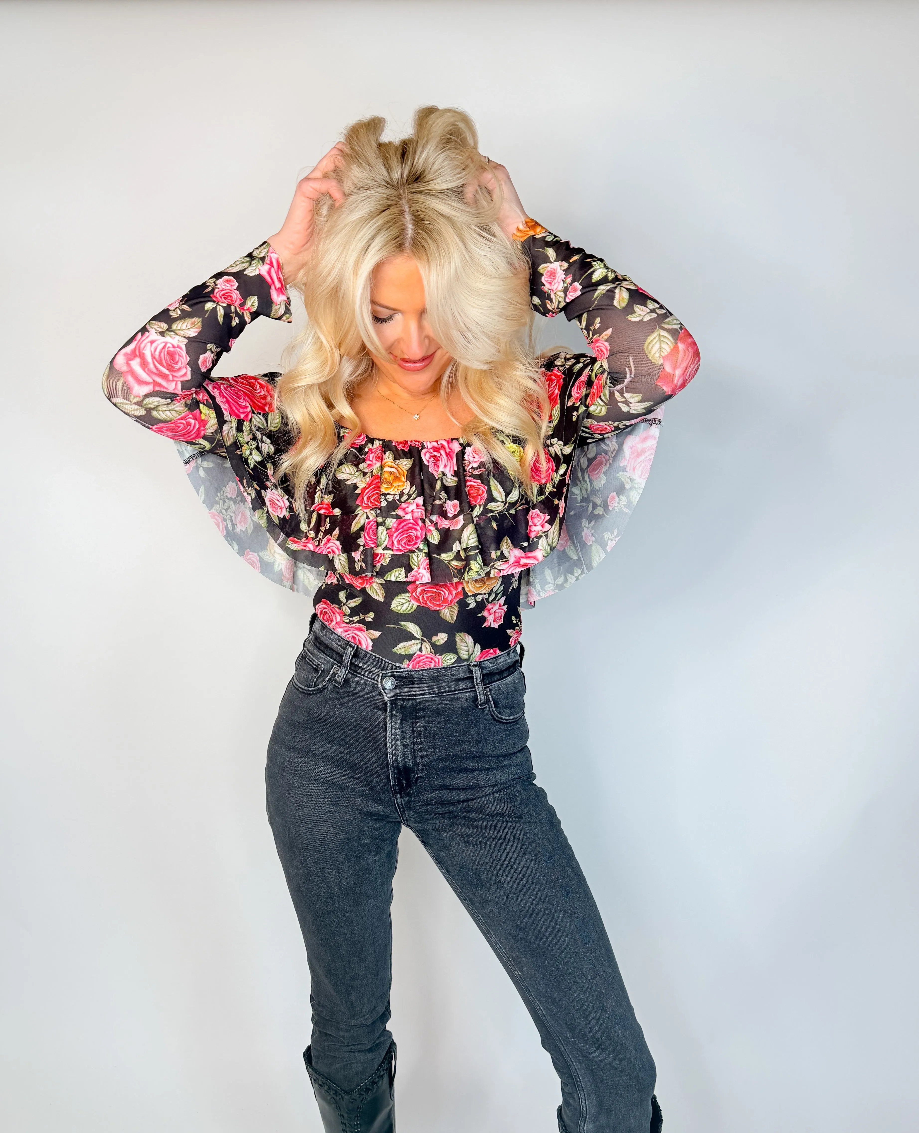 Midnight Rose Ruffle Bodysuit