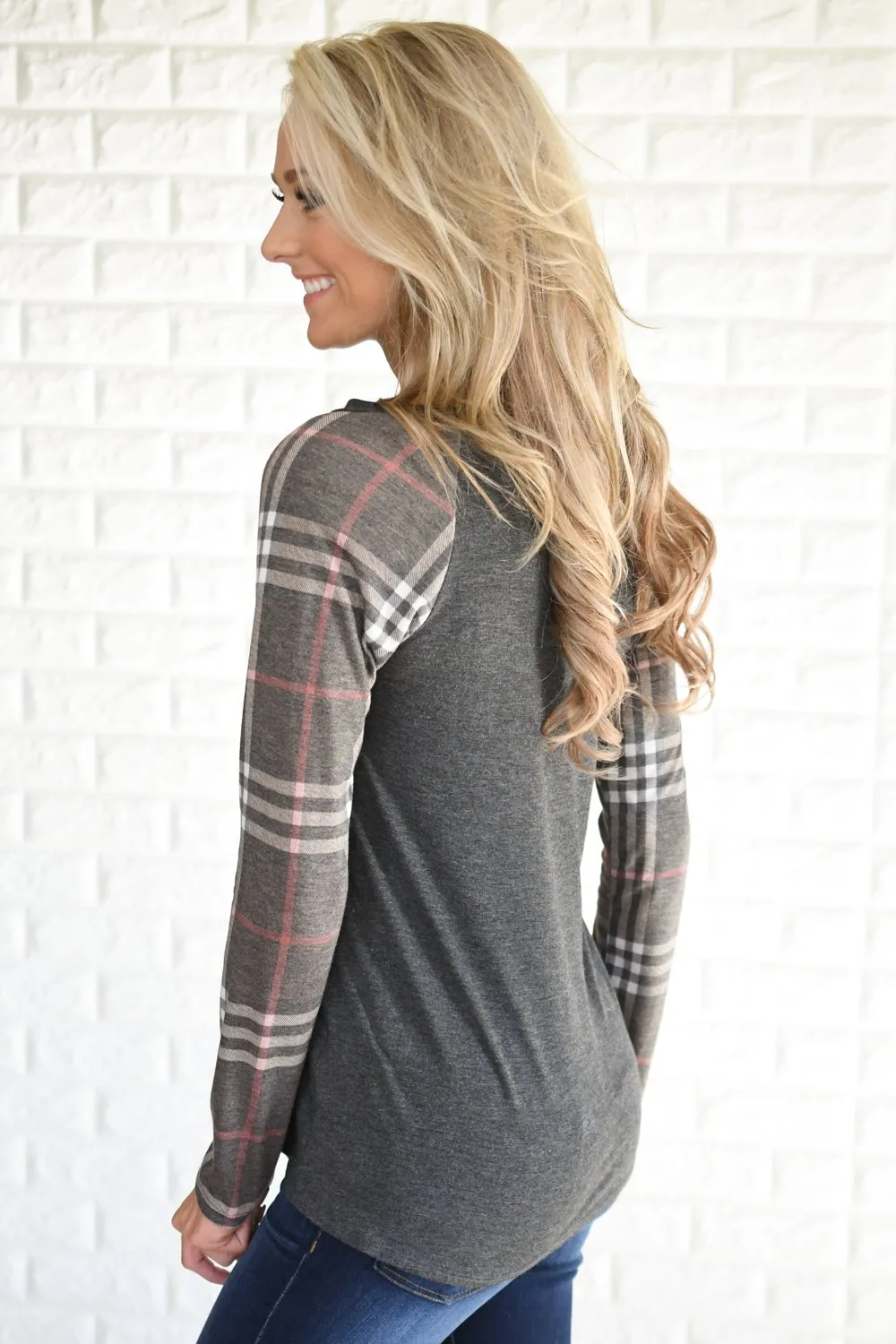 Mocha Plaid Sleeve Raglan Top