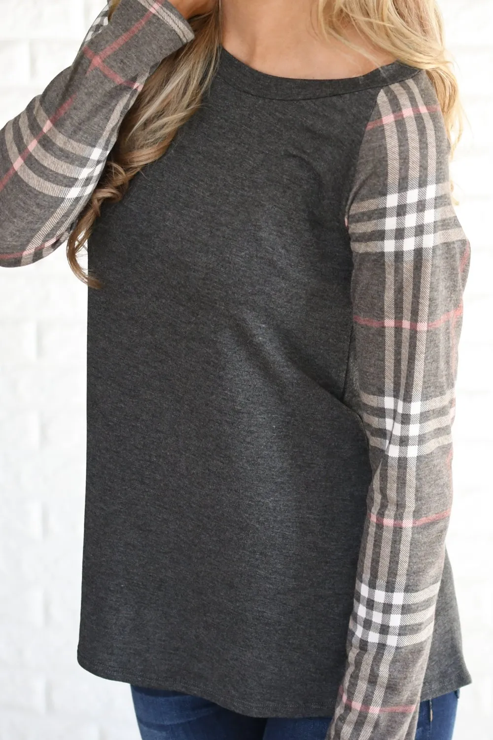 Mocha Plaid Sleeve Raglan Top