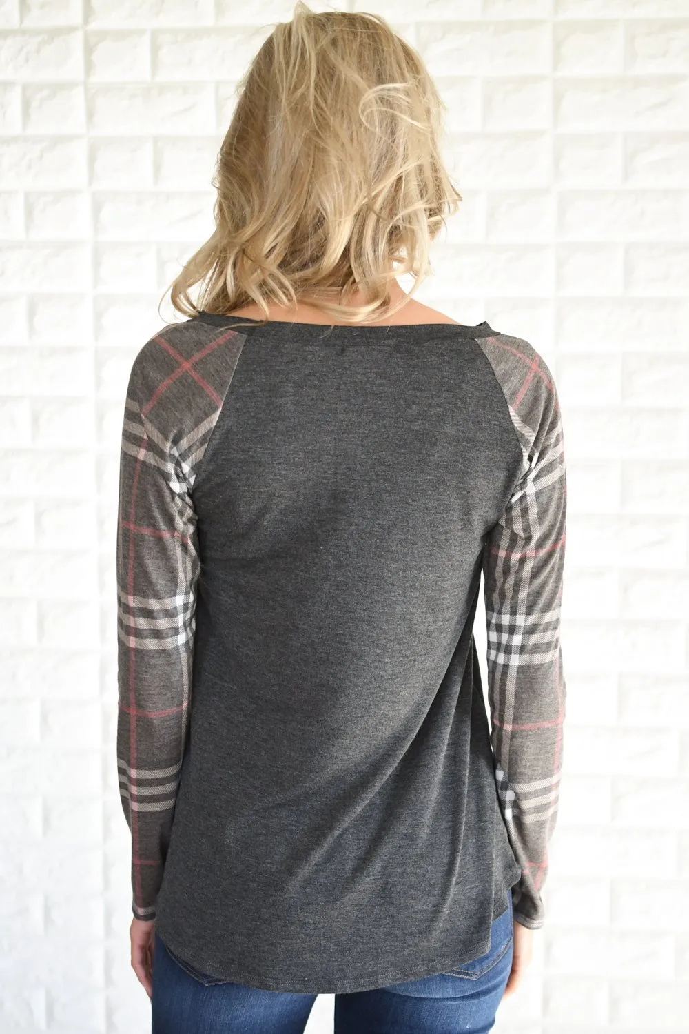 Mocha Plaid Sleeve Raglan Top