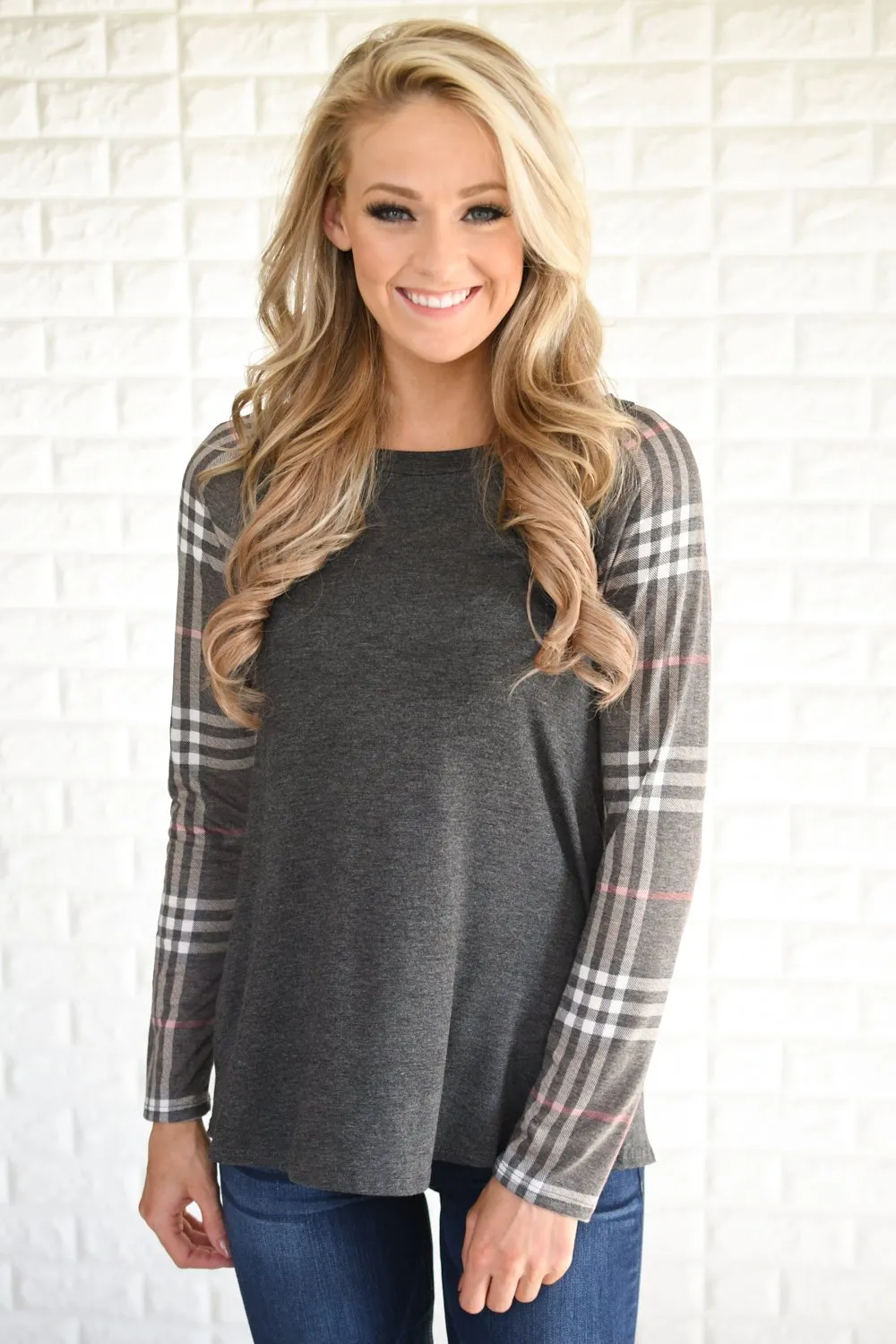 Mocha Plaid Sleeve Raglan Top