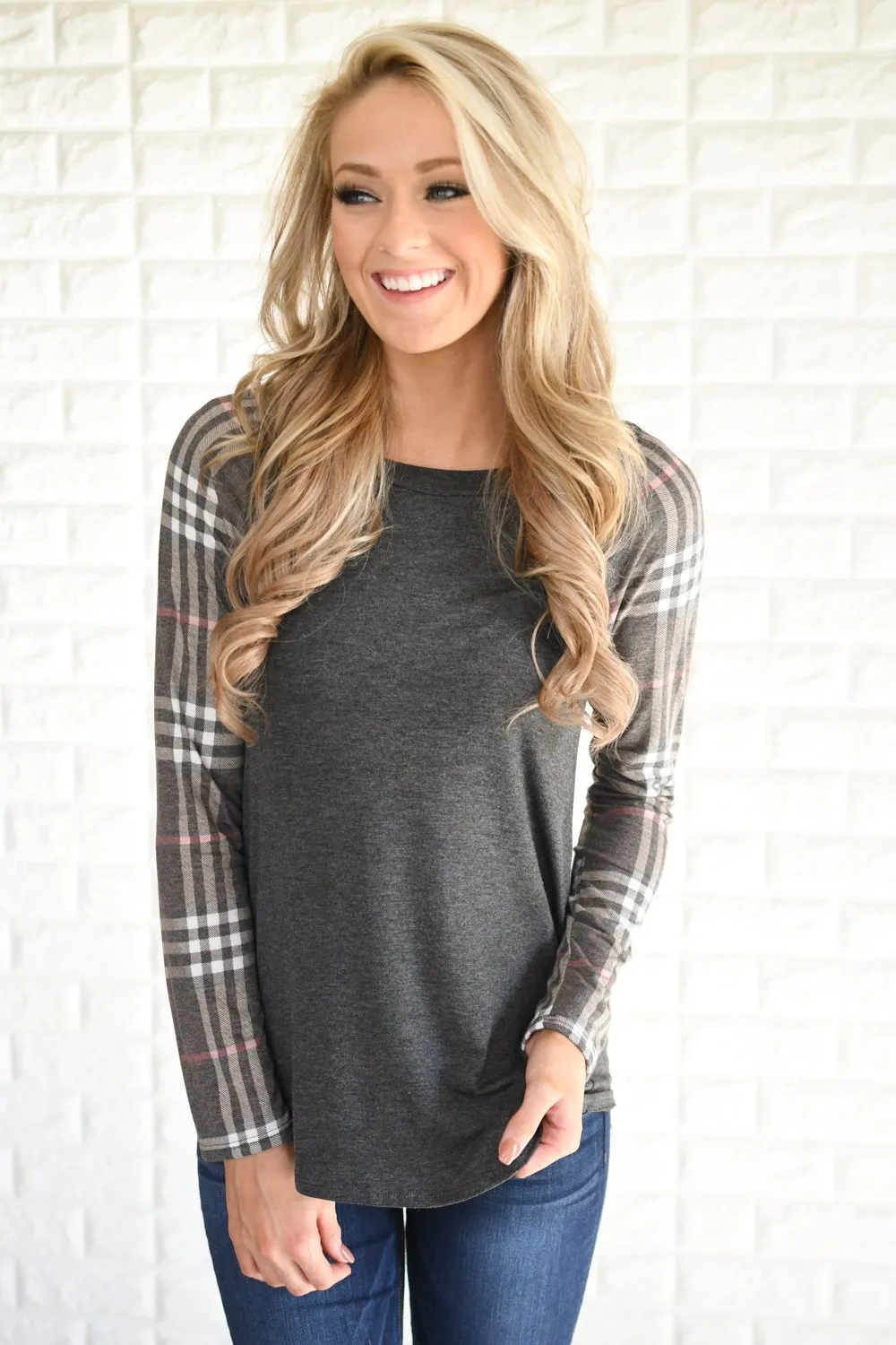 Mocha Plaid Sleeve Raglan Top