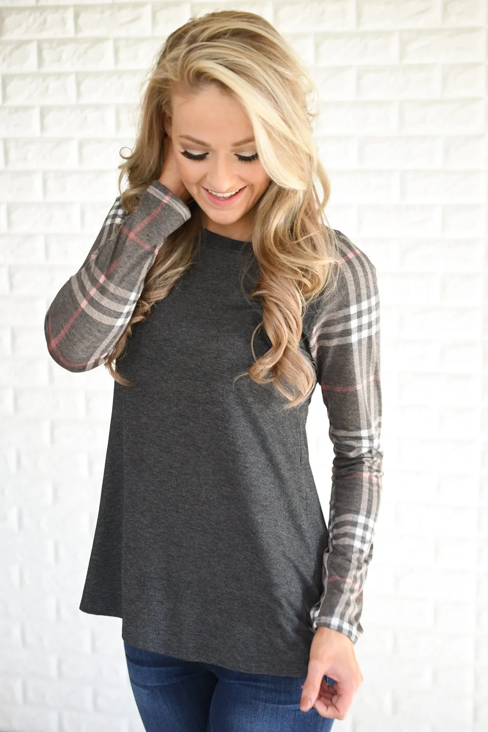 Mocha Plaid Sleeve Raglan Top