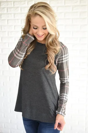 Mocha Plaid Sleeve Raglan Top