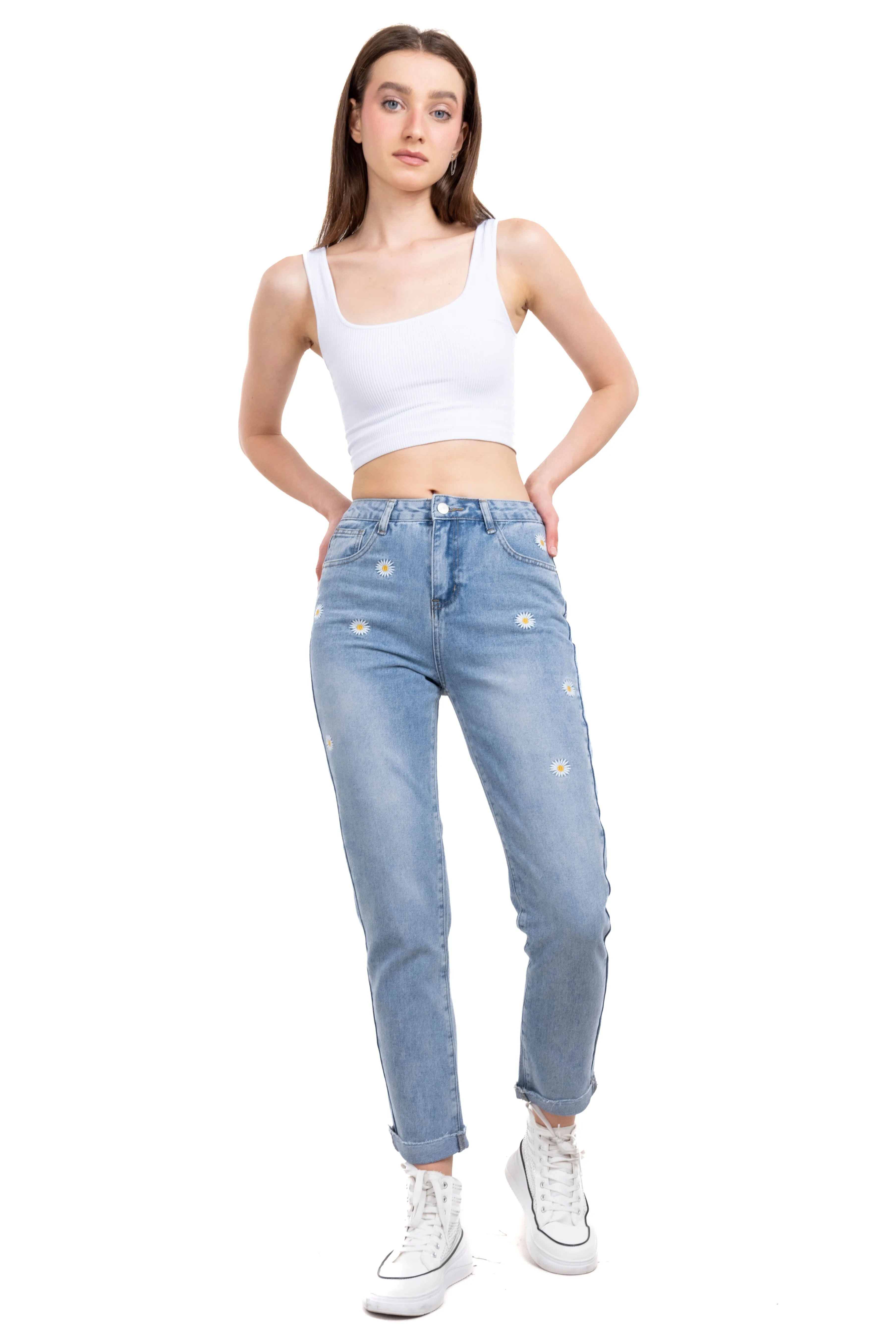 Mom jeans cintura alta bordado margaritas