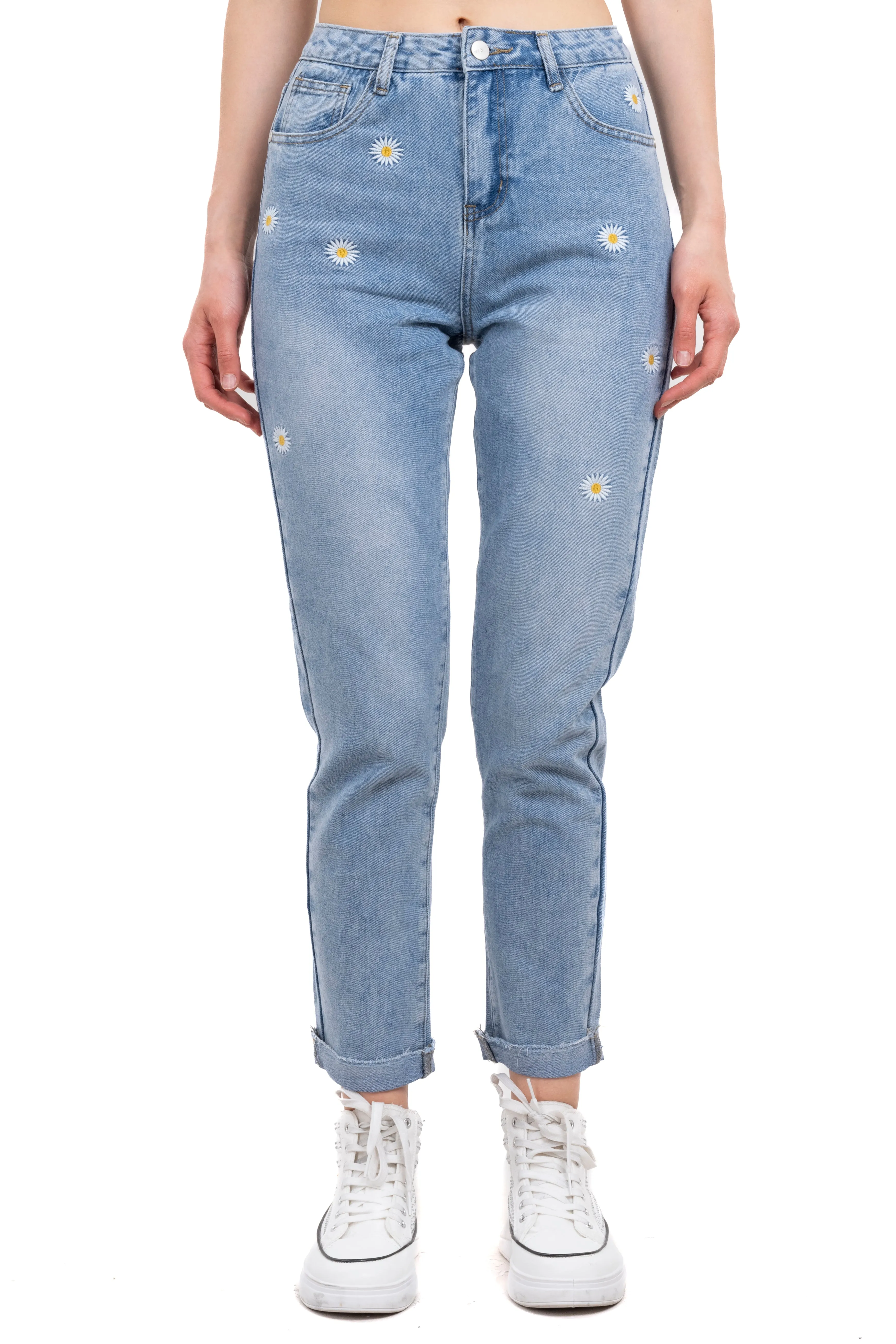 Mom jeans cintura alta bordado margaritas