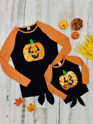 Mommy & Me Halloween Themed Sequin Pumpkin Applique Long Raglan Sleeve Knot Top