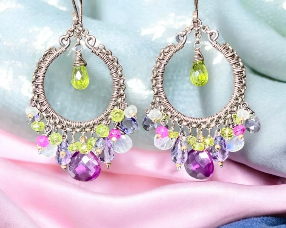 Multi Gemstone Chandelier Hoop Earrings - Lavender Violet