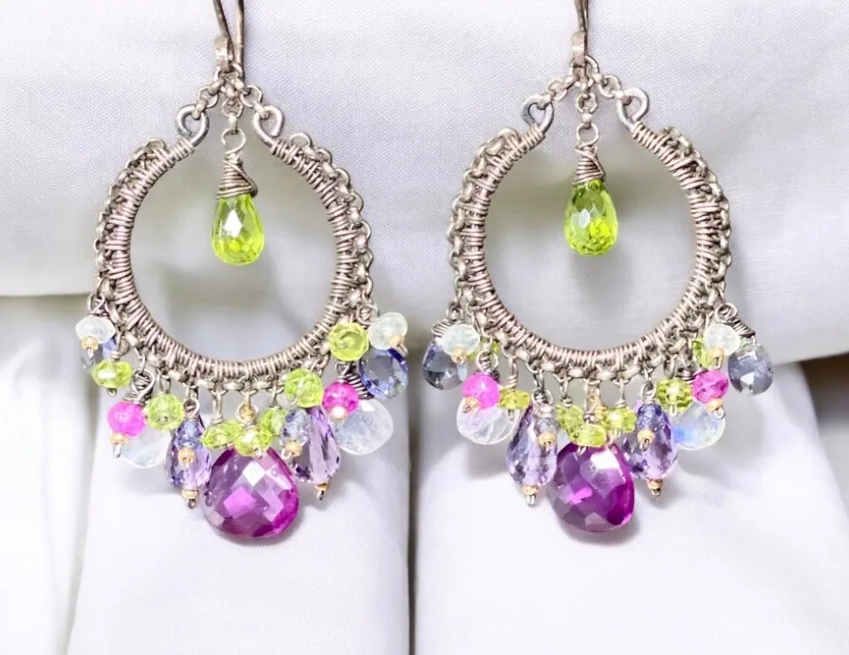 Multi Gemstone Chandelier Hoop Earrings - Lavender Violet