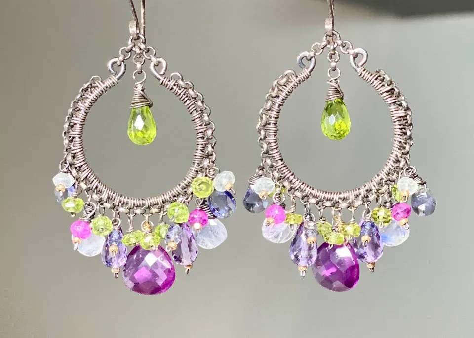 Multi Gemstone Chandelier Hoop Earrings - Lavender Violet