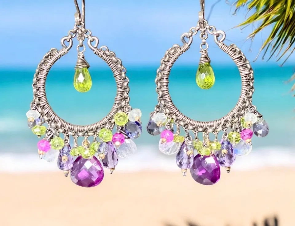 Multi Gemstone Chandelier Hoop Earrings - Lavender Violet