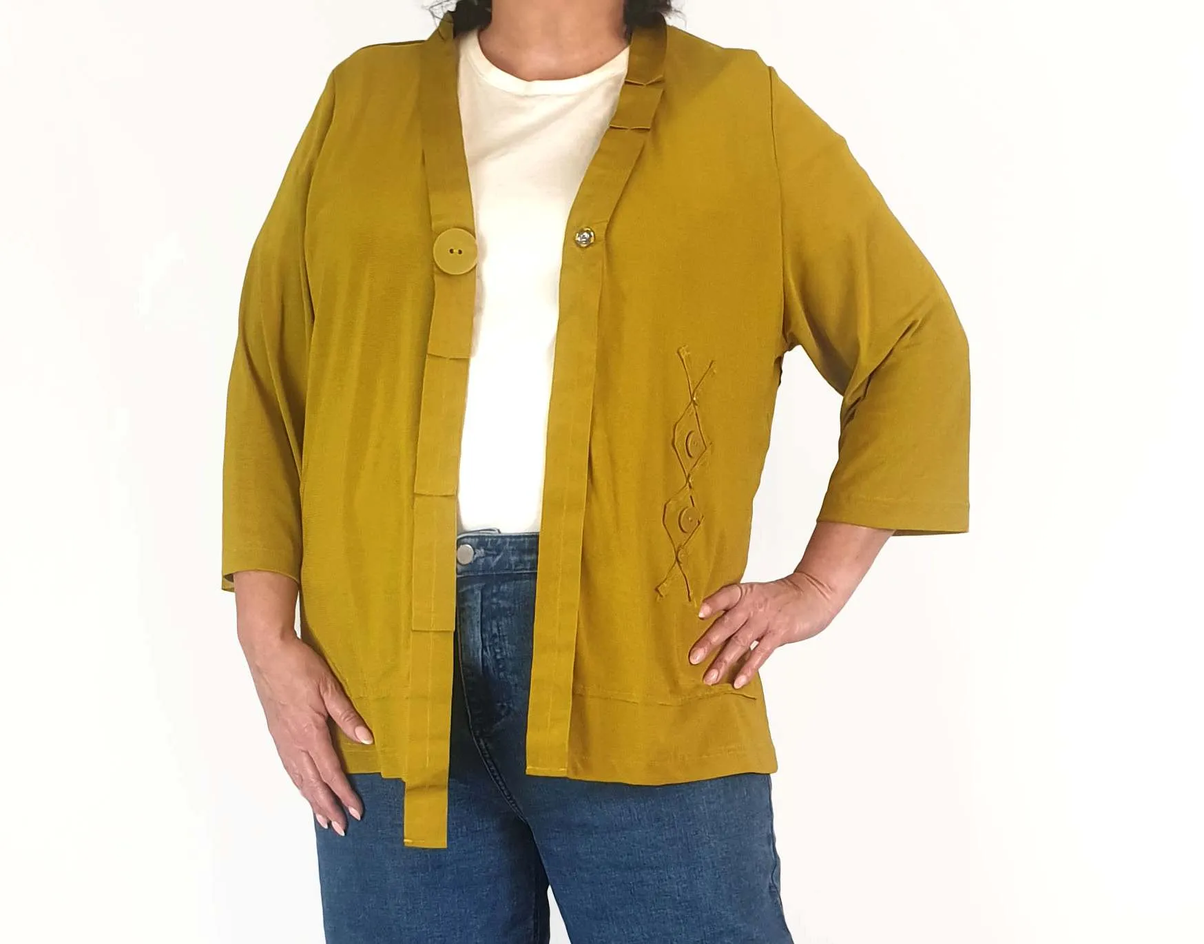 Mustard cardigan with front button and ribbon detail size L (best fits 16)
