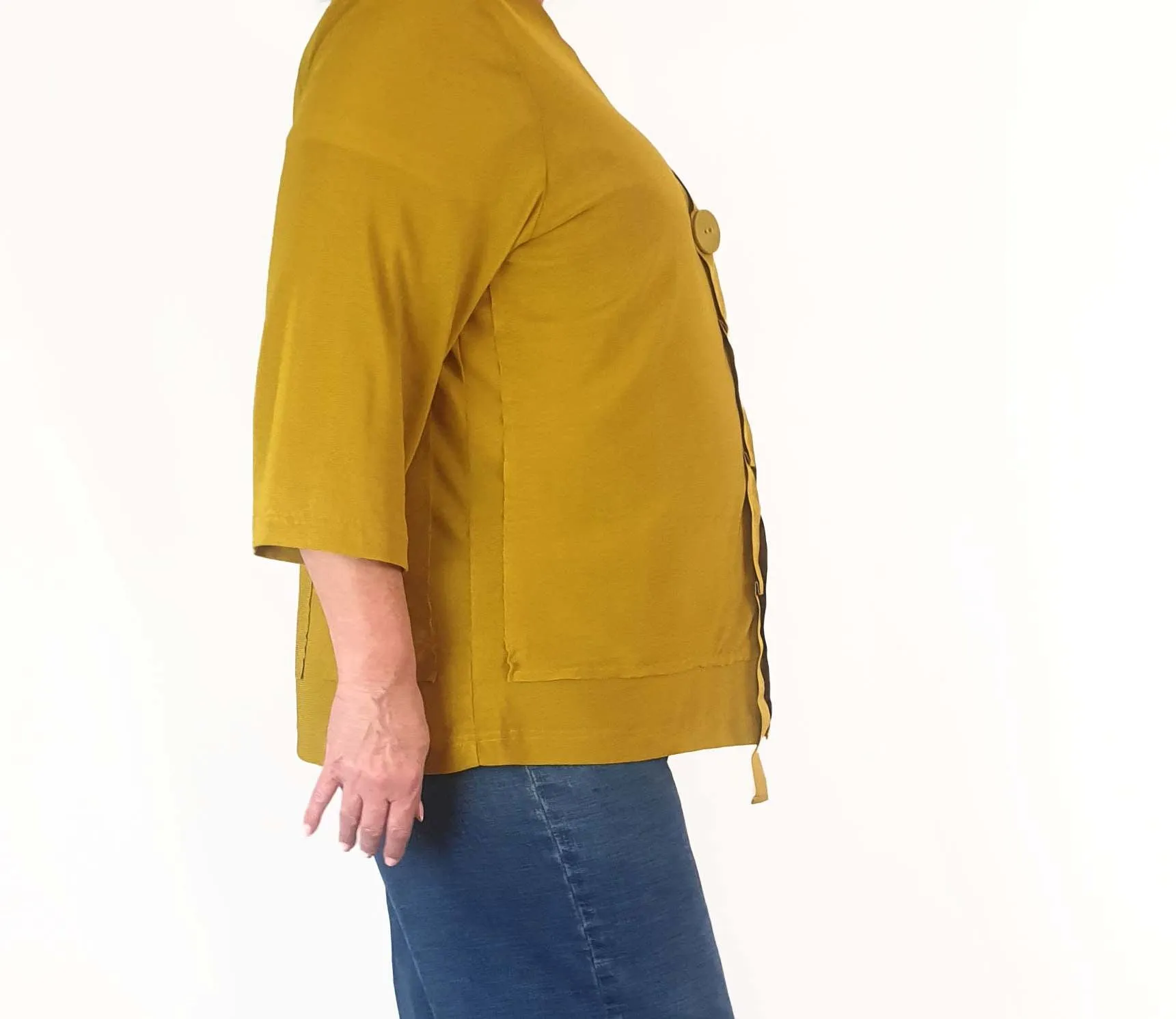 Mustard cardigan with front button and ribbon detail size L (best fits 16)