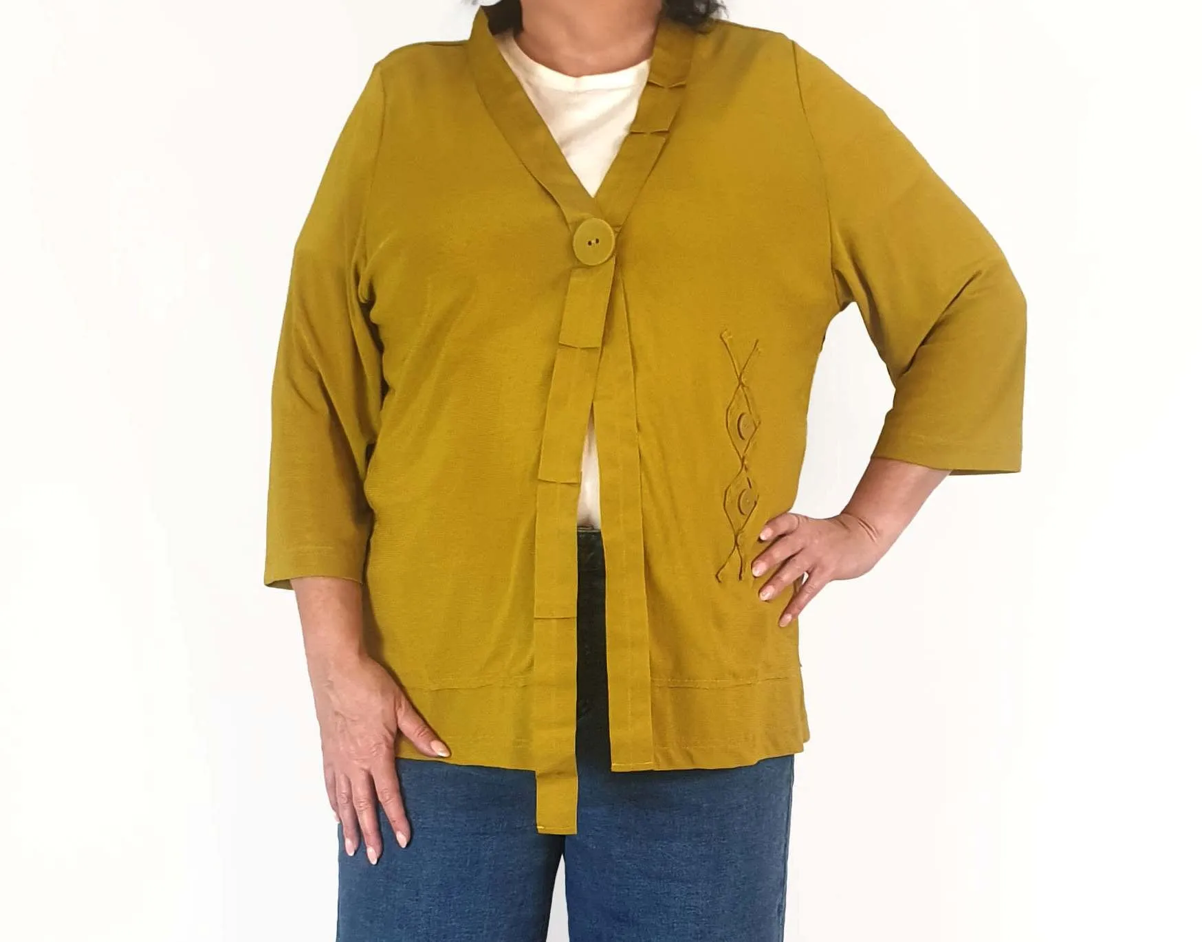Mustard cardigan with front button and ribbon detail size L (best fits 16)