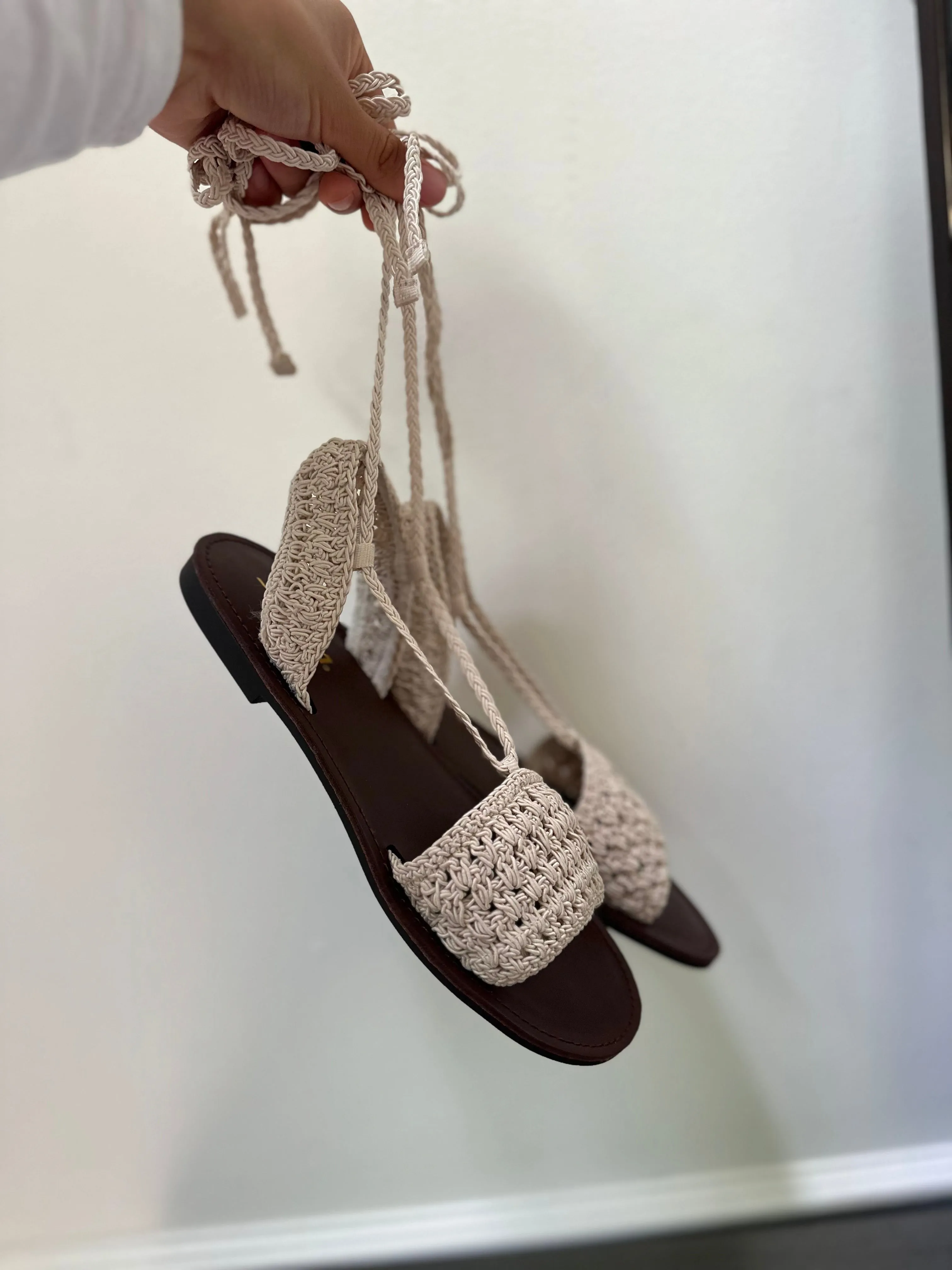 Natural Crochet Ankle Wrap Up Sandal