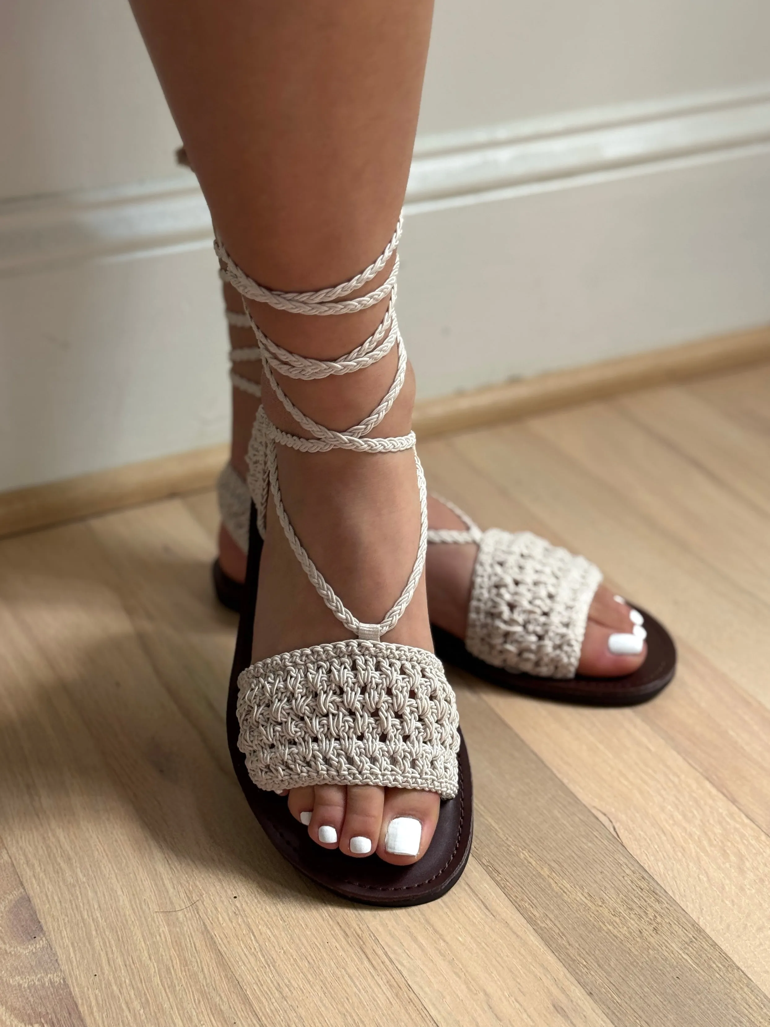 Natural Crochet Ankle Wrap Up Sandal