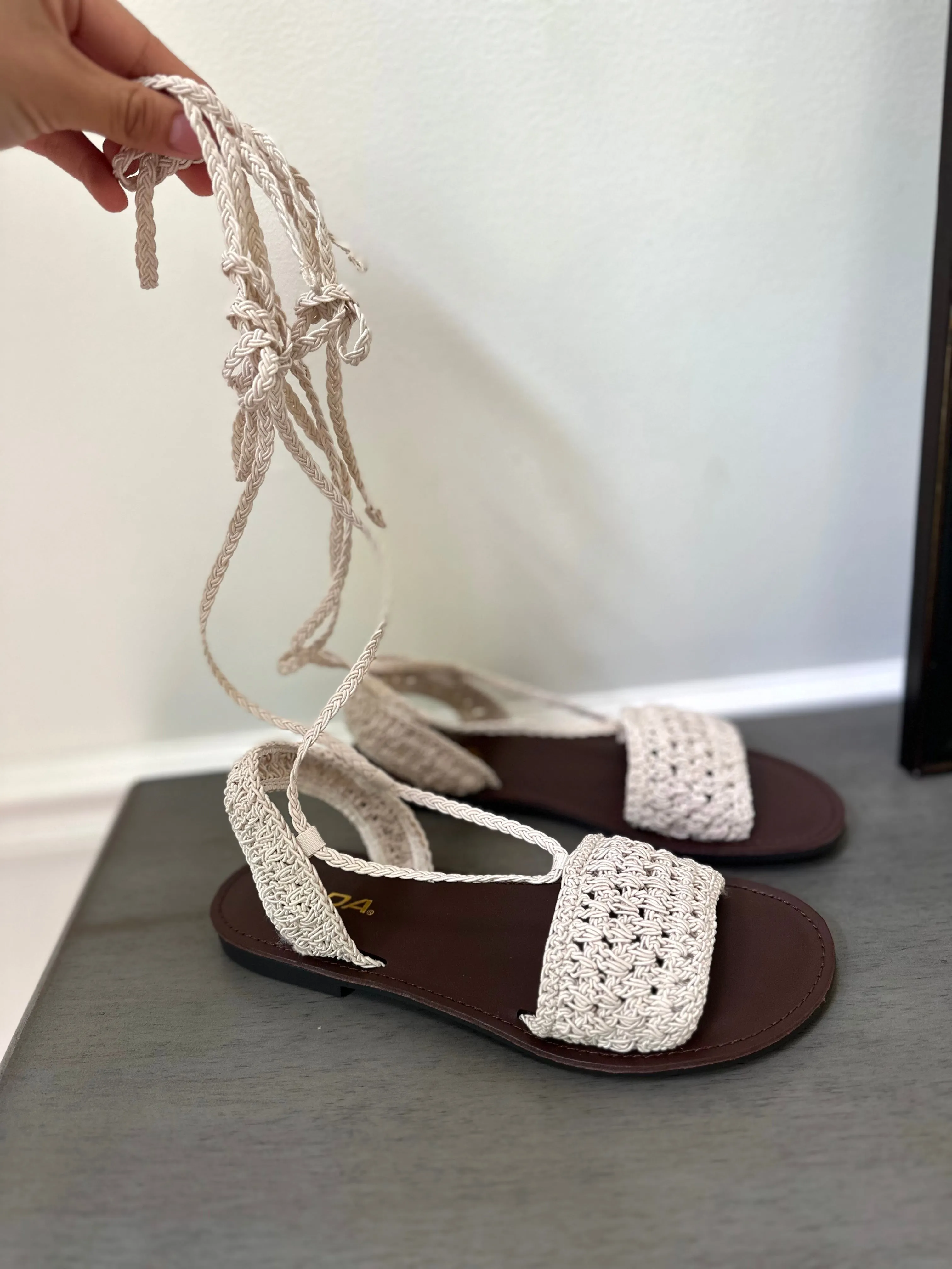 Natural Crochet Ankle Wrap Up Sandal