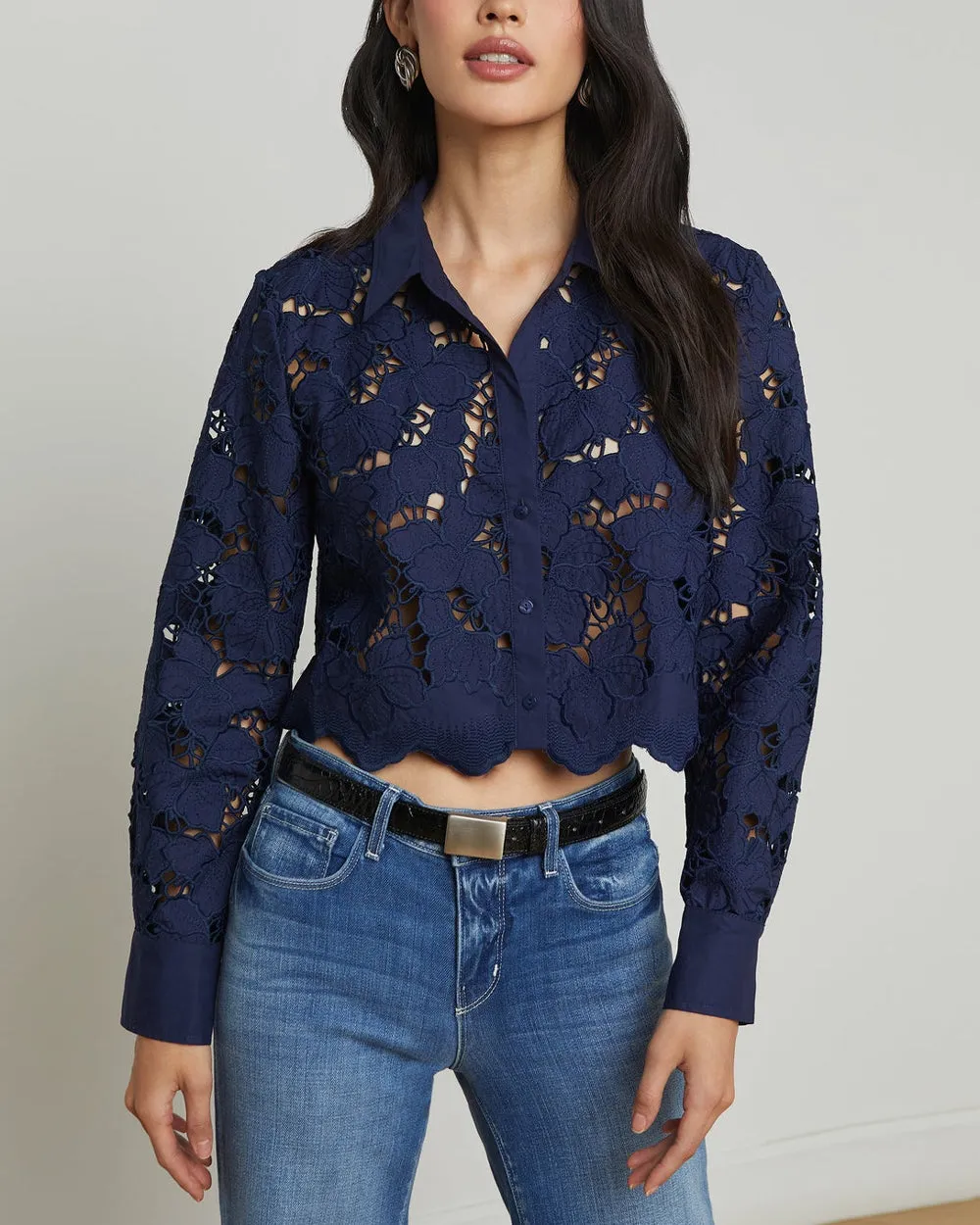 Navy Seychelle Lace Crop Blouse