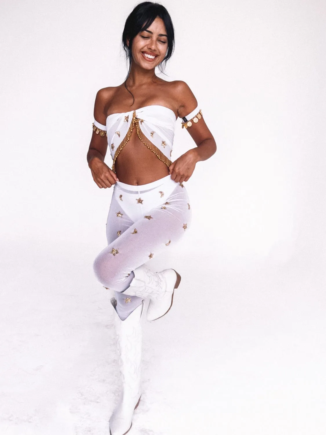 NEVADA SPARKLE STAR LEGGINGS - WHITE/GOLD
