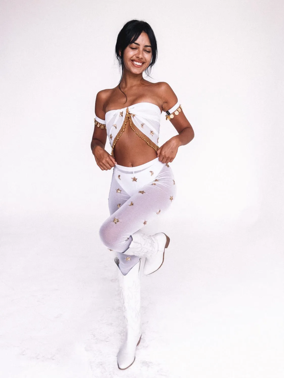 NEVADA SPARKLE STAR LEGGINGS - WHITE/GOLD
