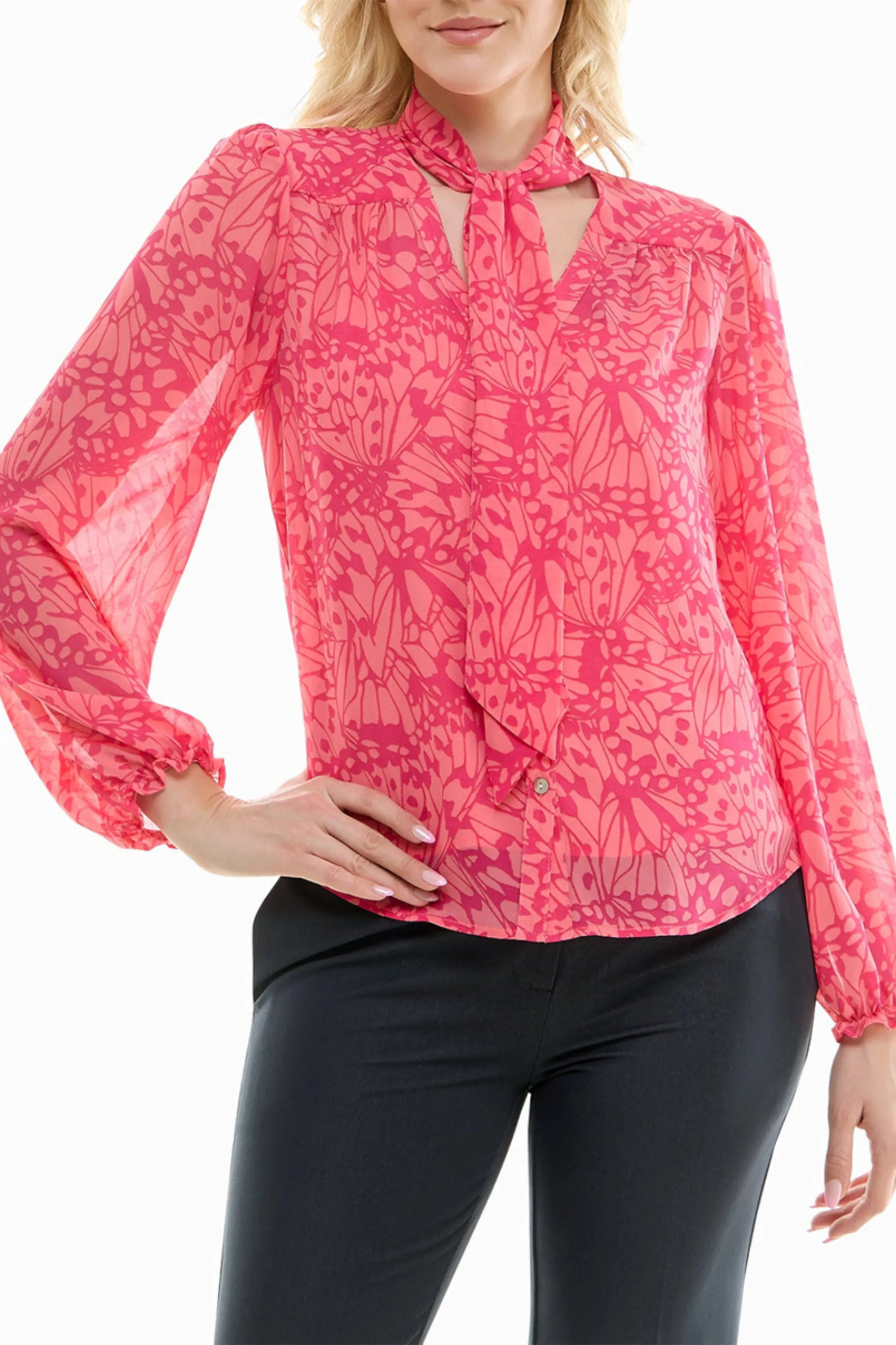 Nicole Miller Printed Button-Down Tie Neck Blouse
