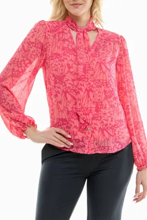 Nicole Miller Printed Button-Down Tie Neck Blouse