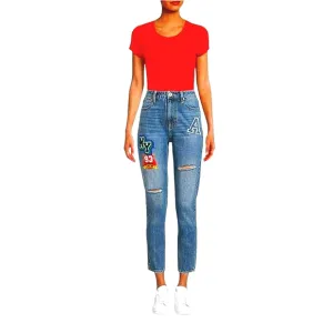 No Boundaries Medium Enzyme Juniors' Mom Jeans with NY 93 Denim Crew Patchwork