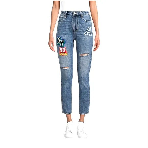 No Boundaries Medium Enzyme Juniors' Mom Jeans with NY 93 Denim Crew Patchwork